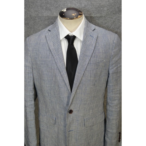 Ralph Lauren Sport Coat Mens 40R Blue 100% Linen Plaid Check Slim Blazer Jacket